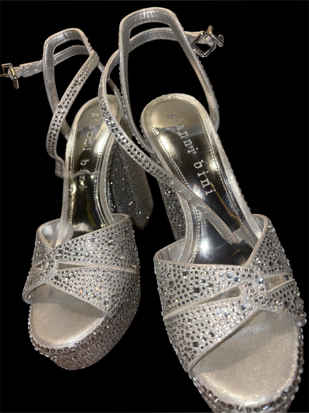 Gianni Bini Silver Crystal Platform Block Heel Sandals with Ankle Strap 8 new - Picture 6 of 6